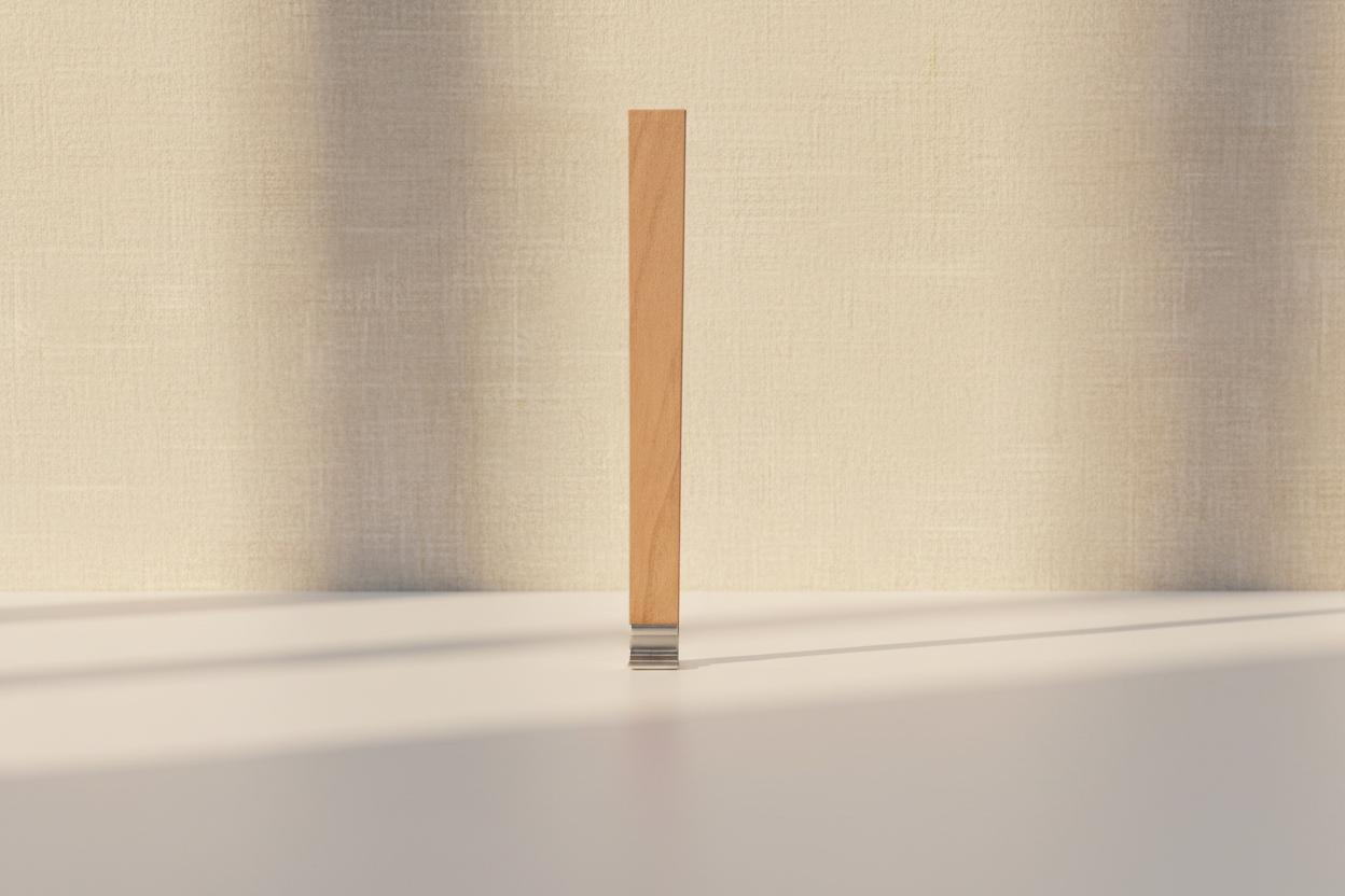 Holzlatte stehend mit Metallhalterung auf hellem Tisch vor beiger Wand mit Schatten