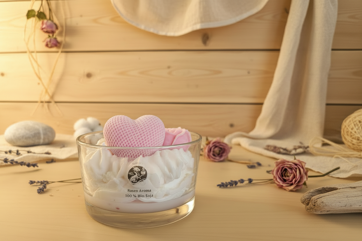 Soja-Kerze mit Holzdocht - Herz & Blumen Rosenduft Tamvath