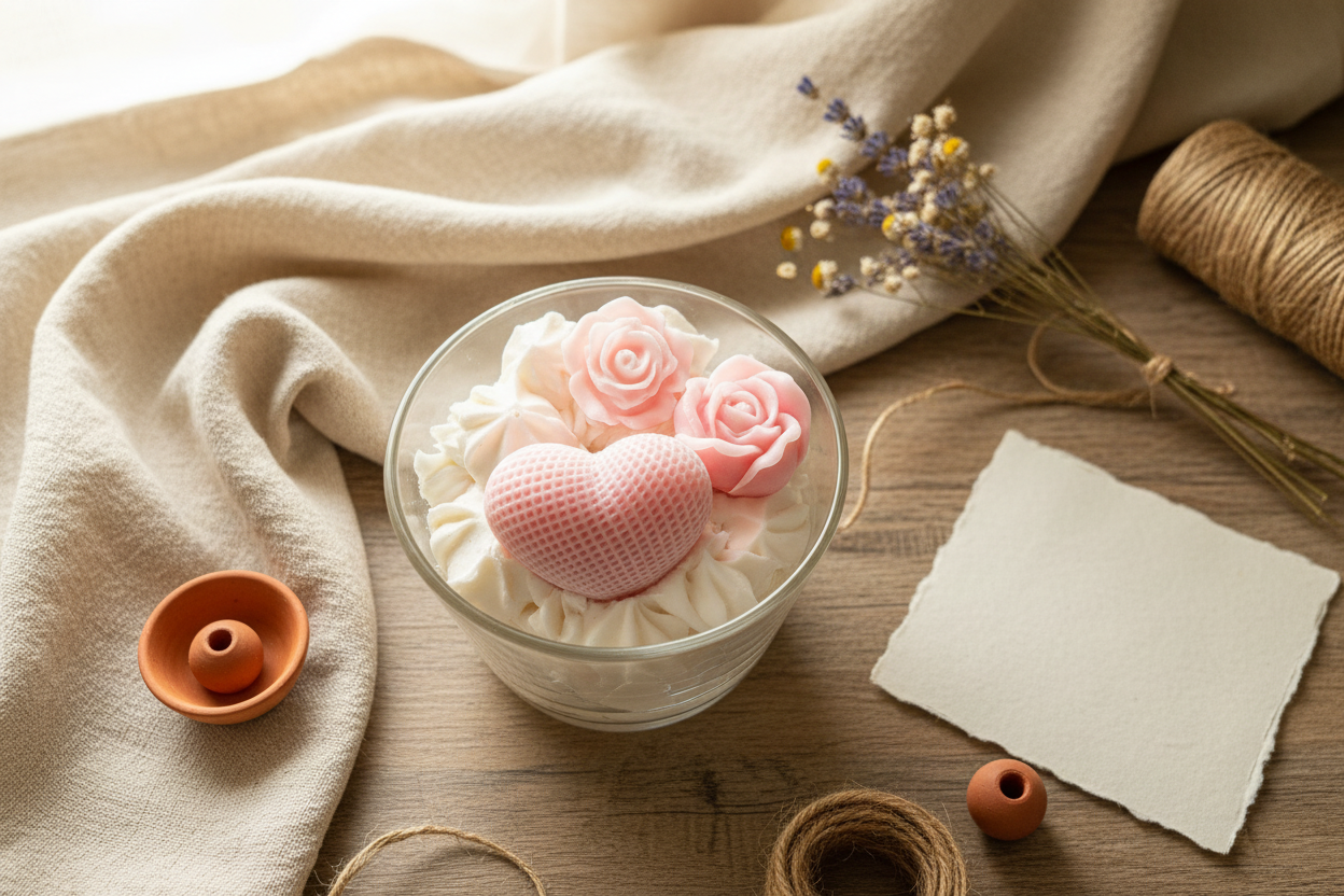 Soja-Kerze mit Holzdocht - Herz & Blumen Rosenduft Tamvath