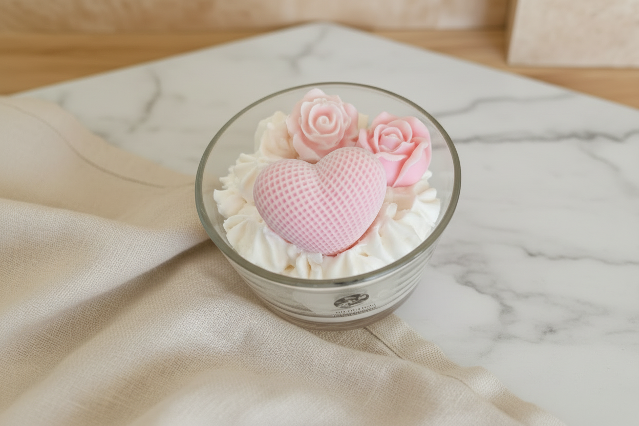 Soja-Kerze mit Holzdocht - Herz & Blumen Rosenduft Tamvath